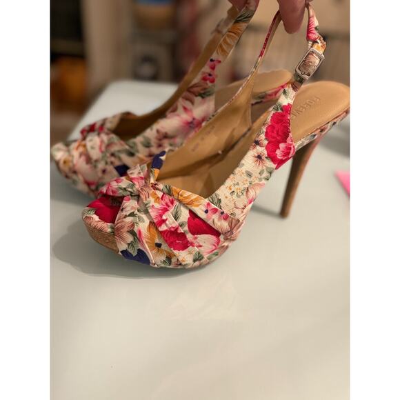 Forever 21 Canvas Floral Peep Toe Platform Cork Heels Size 9 - Picture 6 of 10